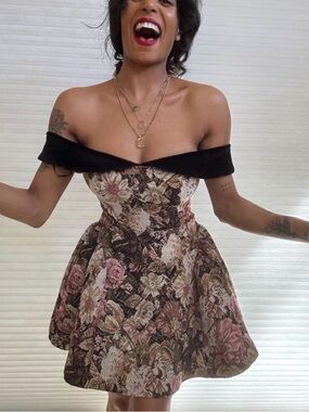 En Saison Carey Jacquard Floral Off-The-Shoulder Sleeveless Mini Dress